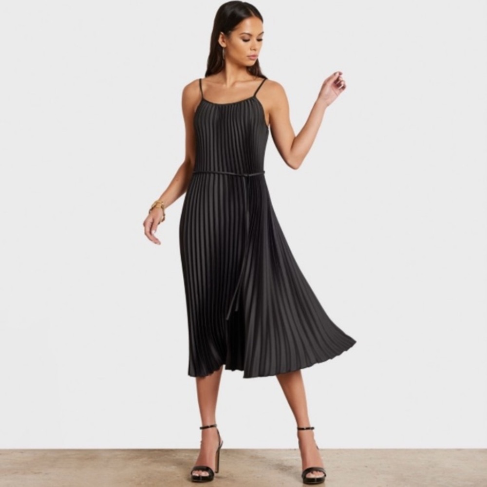 Sam Edelman Black Satin Plisse Pleated Midi Dress - Picture 3 of 13